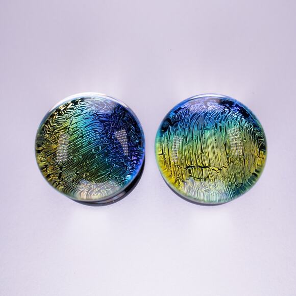 GLASSWEAR STUDIOS Rainbow Foil on Black 1/2" 13mm Double Dome Flared Plugs - Picture 1 of 1